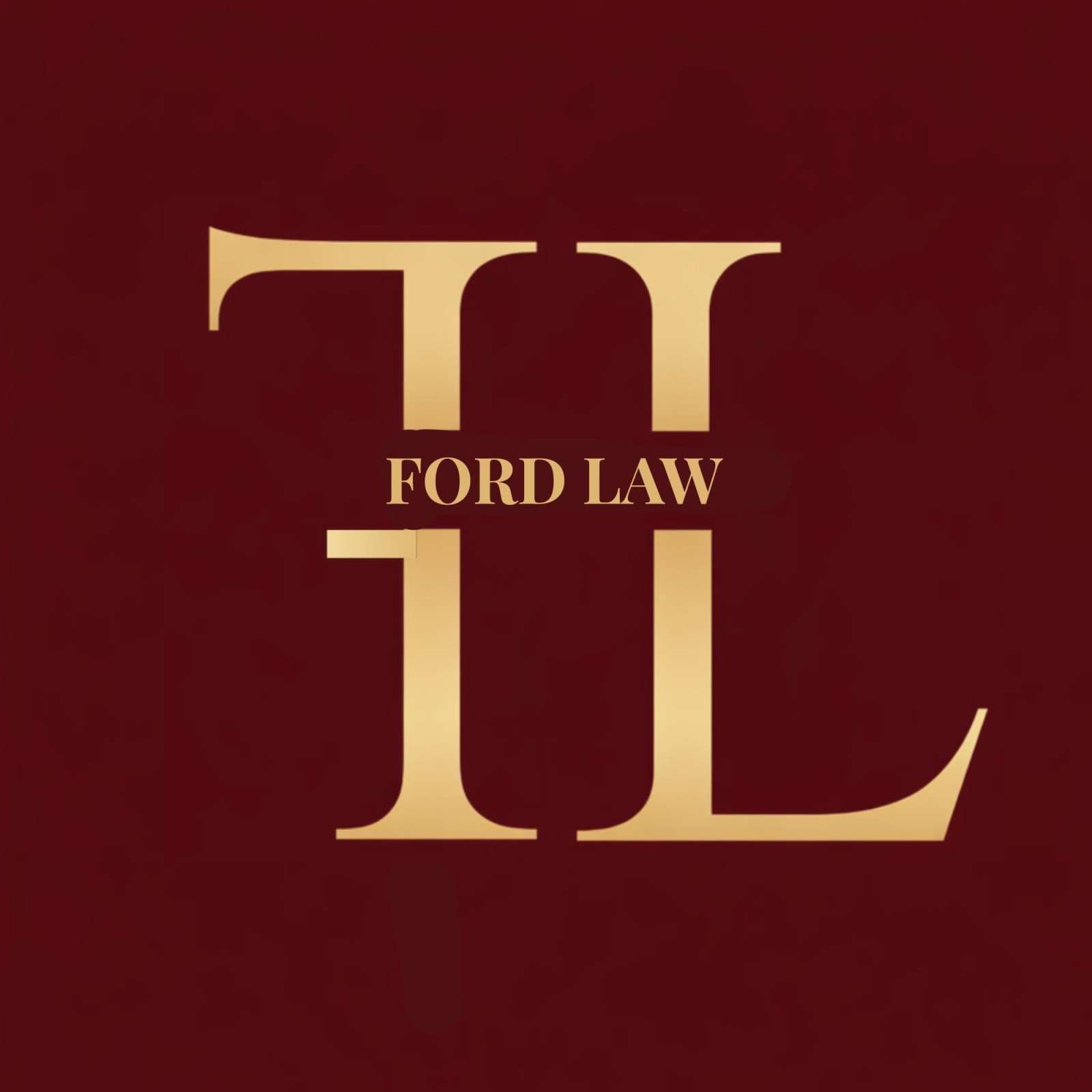 Gold letters "FL" with the words "FORD LAW" in gold across the center, set against a dark red background.