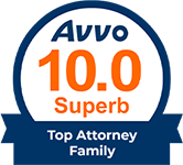 Avvo badge displaying "10.0 Superb" rating and "Top Attorney Family" in blue and orange text.