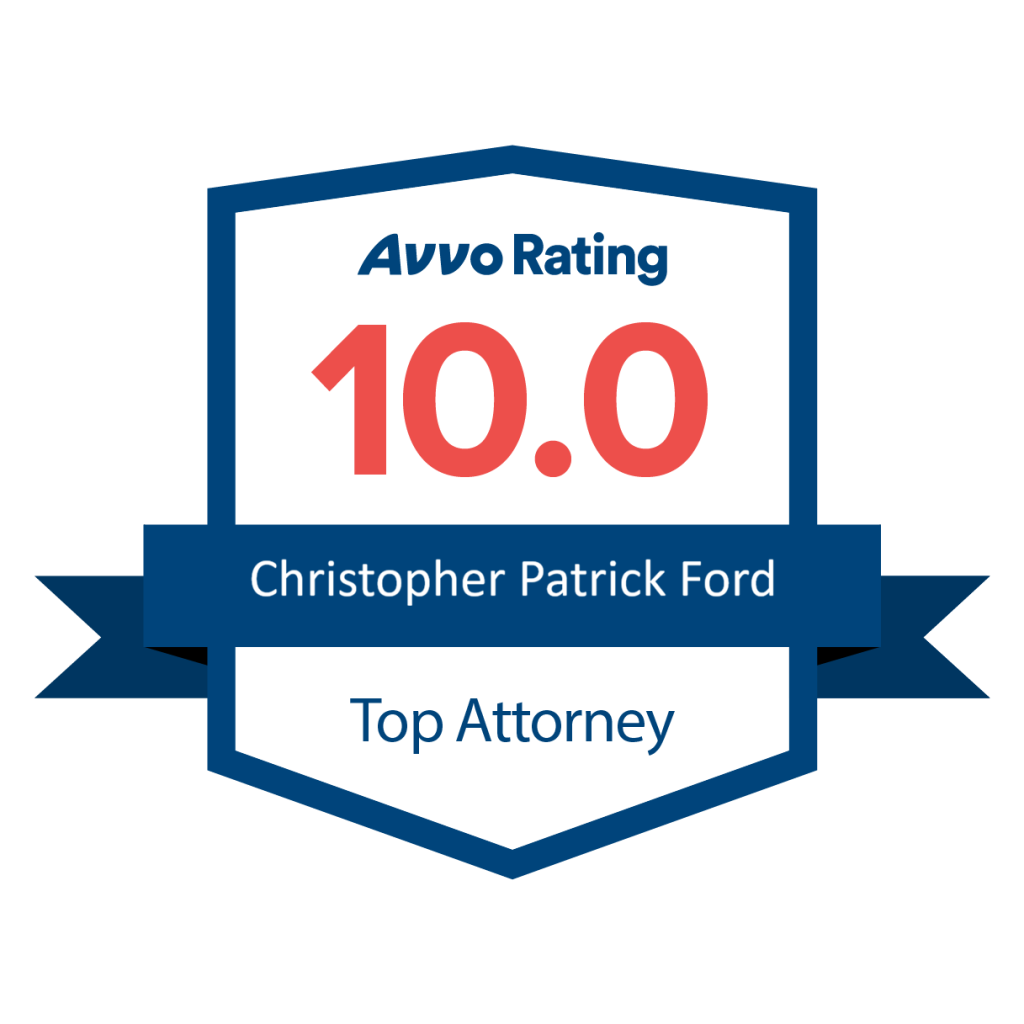 A digital badge displays "Avvo Rating 10.0," the name "Christopher Patrick Ford," and the title "Top Attorney" on a blue and white shield design.