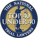 Circular logo reading "The National Trial Lawyers Top 40 Under 40" with an image of Lady Justice holding scales in the background.