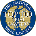 Circular emblem with the text "The National Trial Lawyers Top 100 Trial Lawyers" and an illustration of Lady Justice holding scales in the center.