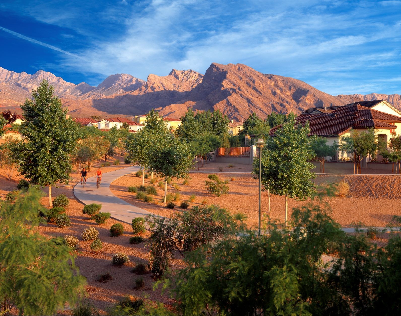 A paved path winds through a suburban neighborhood with landscaped desert plants, houses, and mountains in the background under a blue sky.