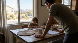 father leaning over kitchen table watching young child draw with crayons