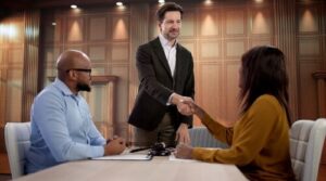 attorney shaking hands with client across conference table with gavel present