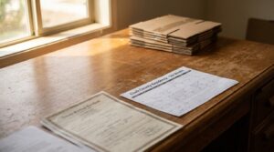Nevada Marriage Certificate and Clark County Residency Six Weeks calendar on wooden desk