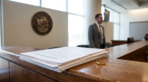 stack of legal documents and wedding ring on courtroom bench with attorney standing nearby
