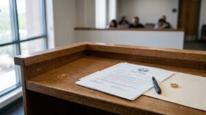 divorce decree document with pen and wedding ring on courtroom desk