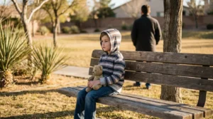 child sitting alone on park bench holding teddy bear while adult walks away