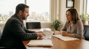attorney pointing to document during client consultation at office conference table