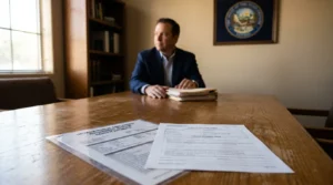 attorney seated at desk with Nevada public employees retirement benefit estimate documents