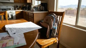 backpack on kitchen chair beside table with legal documents and child's drawing