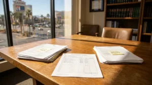 Nevada Property Division Worksheet with Joint Assets and Separate Property labeled document stacks on law office desk