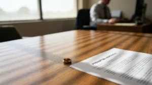 prenuptial agreement document and wedding band on law office desk