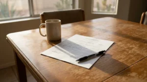 signed uncontested divorce decree document with pen resting on wooden table