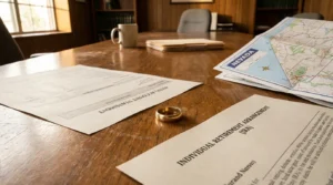 wedding ring beside IRA and 401k account statement documents on desk