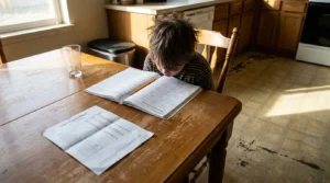 child hunched over open workbook and School Progress Report at kitchen table