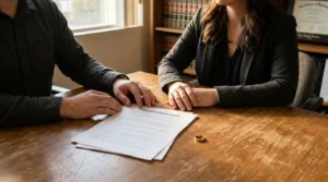 two people reviewing prenuptial agreement document on desk with wedding ring