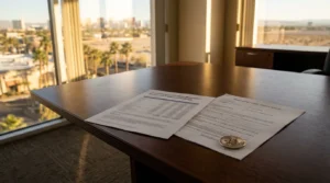 Nevada District Court divorce petition and cryptocurrency portfolio statement with Bitcoin coin on office desk
