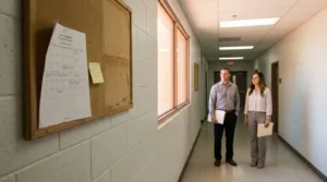 two legal professionals carrying folders walking courthouse hallway past court calendar bulletin board