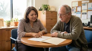 woman pointing at document on table during meeting with elderly man in office