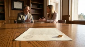 Prenuptial Agreement document with notary seal and wedding ring on law office table