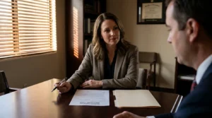 attorney holding pen across desk with Nevada Financial Disclosure Form during client meeting