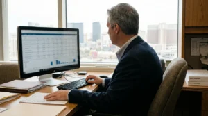 suited professional reviewing spreadsheet data on desktop monitor with bank statements on desk