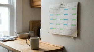 hand-marked monthly calendar pinned to wall beside steaming coffee mug on wooden counter