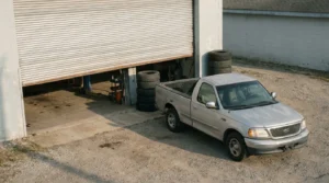 pickup truck parked outside auto repair shop with stacked tires and open bay door