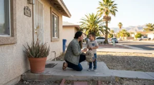 woman kneeling beside young child with backpack outside residential home entrance