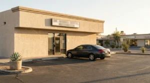 single-story stucco office building with signage, glass entrance, and sedan parked outside