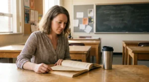 woman reading open book at classroom desk with chalkboard behind her